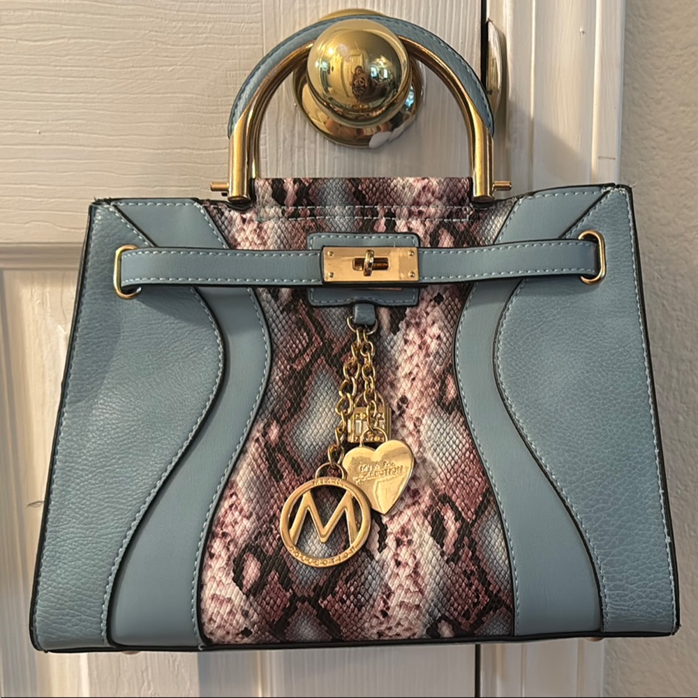 Elegant Blue and Snake Print Satchel